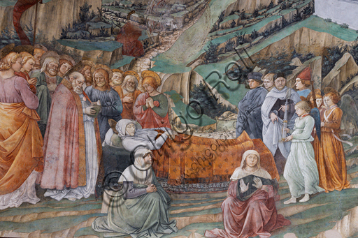  Spoleto, the Duomo (Cathedral of S. Maria Assunta), presbytery, tholobate: " Transit of Mary", fresco by Filippo Lippi, helped by Fra' Diamante and Pier Matteo d'Amelia, 1468-9.  The three artists and Filippino (Filippo Lippi's son) are portrayed at the right.