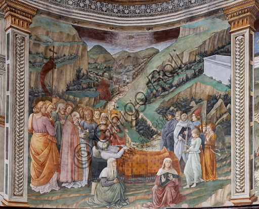  Spoleto, the Duomo (Cathedral of S. Maria Assunta), presbytery, tholobate: " Transit of Mary", fresco by Filippo Lippi, helped by Fra' Diamante and Pier Matteo d'Amelia, 1468-9.  The three artists and Filippino (Filippo Lippi's son) are portrayed at the right.