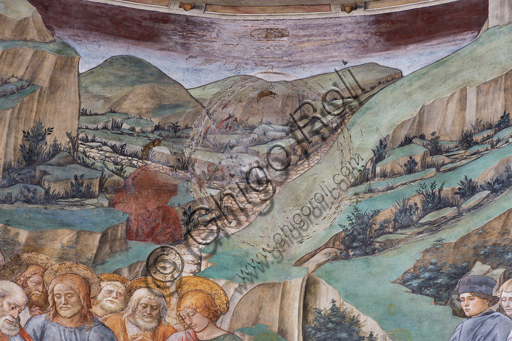 Spoleto, the Duomo (Cathedral of S. Maria Assunta), presbytery, tholobate: " Transit of Mary", fresco by Filippo Lippi, helped by Fra' Diamante and Pier Matteo d'Amelia, 1468-9.  The three artists and Filippino (Filippo Lippi's son) are portrayed at the right. Detail with ladscape.