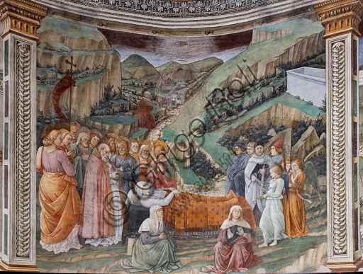  Spoleto, the Duomo (Cathedral of S. Maria Assunta), presbytery, tholobate: " Transit of Mary", fresco by Filippo Lippi, helped by Fra' Diamante and Pier Matteo d'Amelia, 1468-9.  The three artists and Filippino (Filippo Lippi's son) are portrayed at the right.