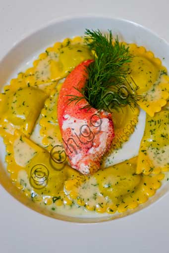  Verona, "Tre Corone, Giovanni Rana's restaurant":  a plate of ravioli with shrimp.