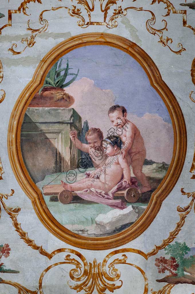 Vicenza, Villa Valmarana ai Nani, Foresteria, Stanza dei Putti, medaglione con putti: "Tre putti e un carrettino",  di Giandomenico Tiepolo, 1757.