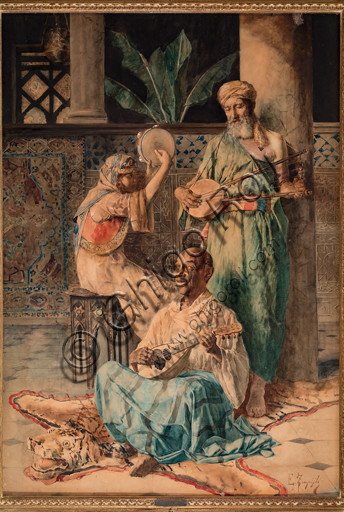 Eugenio Zampighi, (1859-1944): "Tre suonatori orientali"; tempera su carta, cm. 100 × 70.