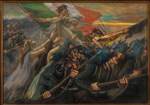 Assicoop - Unipol Collection:  inv. n° 469: Gaetano Previati (Ferrara, 31 agosto 1852 – Lavagna, 21 giugno 1920); "Trento and Trieste, The Charge of the  Bersaglieri (riflemen)" (oil paiting on canvas, 100 x 140).