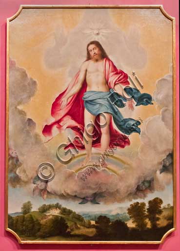 Bergamo, Museo Bernareggi: "Trinità" di Lorenzo Lotto (1524). Gesù è rappresentato in gloria in cielo entro un cerchio di nubi, come nelle scene della trasfigurazione. Poggia i piedi su due cerchi paradisiaci ed allarga le braccia per mostrare le ferite della Passione, tra lo sfolgorio del panneggio volante, mentre sopra di lui vola la colomba dello Spirito Santo.