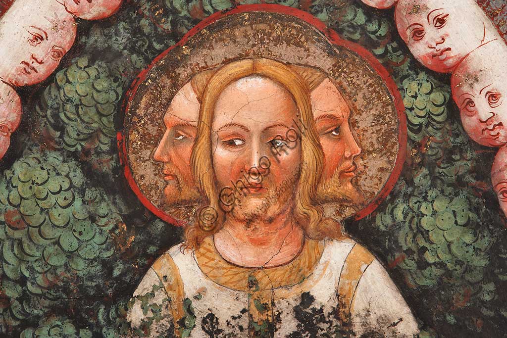 Vignola Stronghold, the Contrari Chapel, Eastern wall: "The three faced Trinity and the Tree of Life". Fresco by the Master of Vignola, about 1420. Detail.