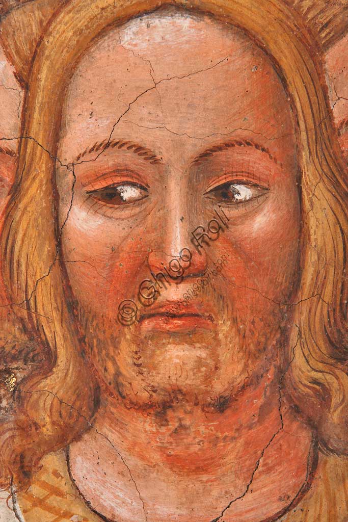 Vignola Stronghold, the Contrari Chapel, Eastern wall: "The three faced Trinity and the Tree of Life". Fresco by the Master of Vignola, about 1420. Detail of one of the faces.