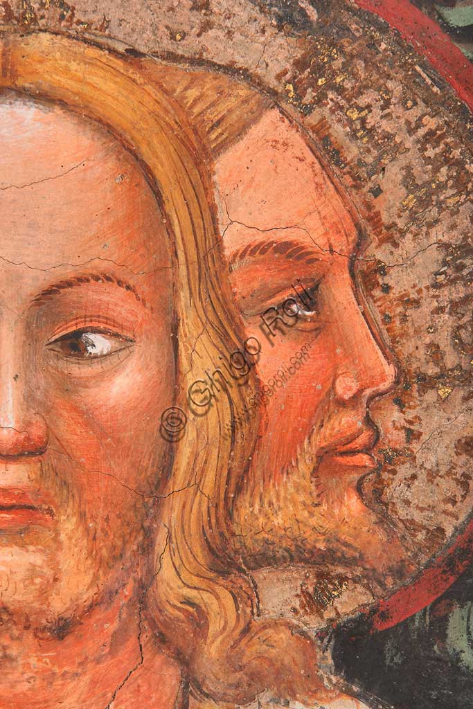 Vignola Stronghold, the Contrari Chapel, Eastern wall: "The three faced Trinity and the Tree of Life". Fresco by the Master of Vignola, about 1420. Detail of two of the faces.