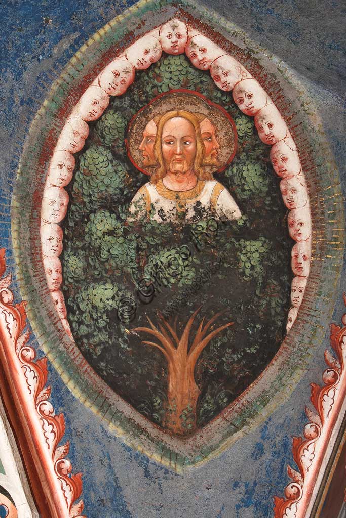 Vignola Stronghold, the Contrari Chapel, Eastern wall: "The three faced Trinity and the Tree of Life". Fresco by the Master of Vignola, about 1420.