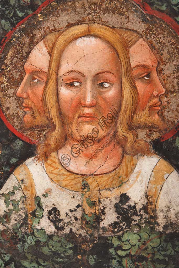 Vignola Stronghold, the Contrari Chapel, Eastern wall: "The three faced Trinity and the Tree of Life". Fresco by the Master of Vignola, about 1420. Detail.