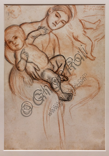 Studio per Gesù Bambino in braccio alla Vergine per il "Trionfo degli Innocenti" (prima versione), dipinto che avrebbe rappresentato la Sacra Famiglia nella Fuga in Egitto, (1876)  di William Holman Hunt (1827 - 1910); gessetto su carta.