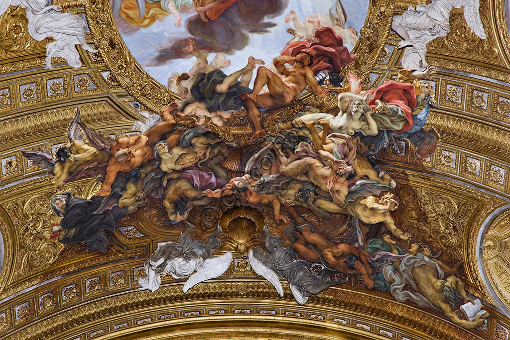Church of Jesus, the interior: detail of the vault of the nave with "The Triumph in the Name of Jesus", fresco by Giovan Battista Gaulli known as Baciccia, 1679. The golden cornice and the plasters are by Ercole Antonio Raggi.