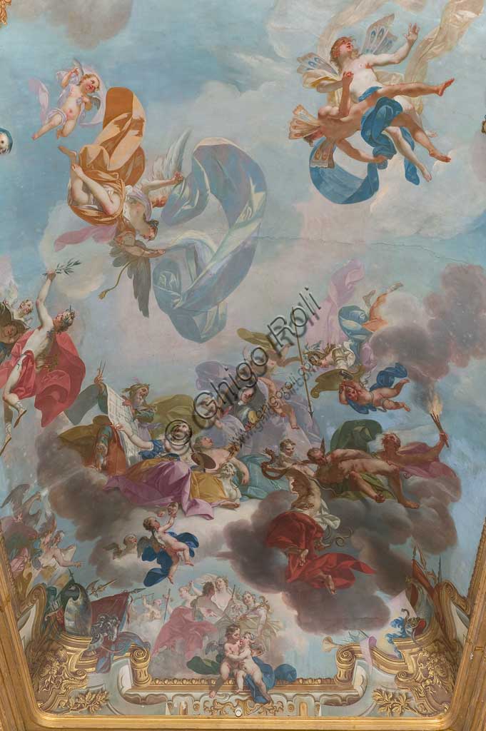 Turin, the Royal Palace, the Gallery of Battles, the vault: detail of "The Triumph of Peace". Frescoe by Claudio Francesco Beaumont (1748).