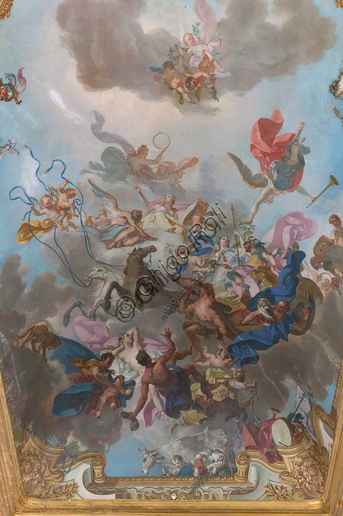 Turin, the Royal Palace, the Gallery of Battles, the vault: view of "The Triumph of Peace". Frescoe by Claudio Francesco Beaumont (1748). Detail depicting the chariot of Triumph of Peace and Mars.