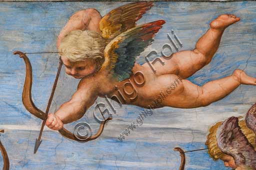 Roma, Villa Farnesina, Loggia di Galatea: "Il trionfo di Galatea", affresco di Raffaello (1513 - 1514). Particolare.La ninfa è trasportata sull'acqua in un cocchio formato da una conchiglia trainata da delfini e intorno una festa di tritoni, amorini e nereidi.Particolare con amorini.