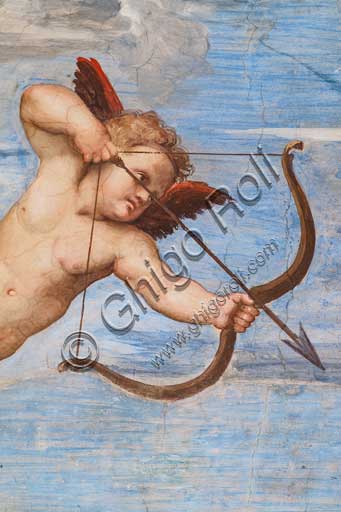 Roma, Villa Farnesina, Loggia di Galatea: "Il trionfo di Galatea", affresco di Raffaello (1513 - 1514). Particolare.La ninfa è trasportata sull'acqua in un cocchio formato da una conchiglia trainata da delfini e intorno una festa di tritoni, amorini e nereidi.Particolare con amorini.