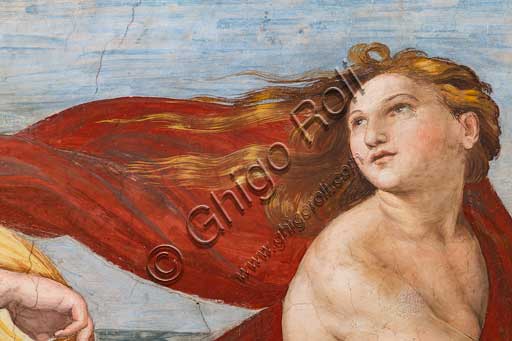 Rome, Villa Farnesina, the Loggia of Galatea:  "The Triumph of Galatea", by Raphael (1513 - 4). Galatea was the beautiful nymph whom Raphael depicted amongst a throng of sea creatures as she speeds away from her admirer on a fantastical shell drawn by dolphins.Detail.