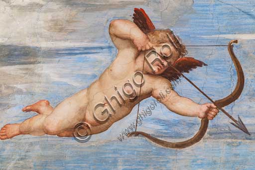 Roma, Villa Farnesina, Loggia di Galatea: "Il trionfo di Galatea", affresco di Raffaello (1513 - 1514). Particolare.La ninfa è trasportata sull'acqua in un cocchio formato da una conchiglia trainata da delfini e intorno una festa di tritoni, amorini e nereidi.Particolare con amorini.