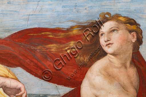 Roma, Villa Farnesina, Loggia di Galatea: "Il trionfo di Galatea", affresco di Raffaello (1513 - 1514). Particolare.La ninfa è trasportata sull'acqua in un cocchio formato da una conchiglia trainata da delfini e intorno una festa di tritoni, amorini e nereidi.Particolare.