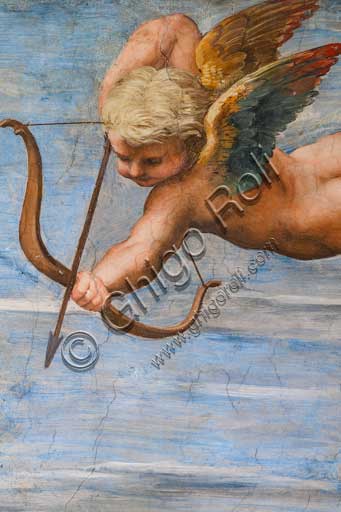 Roma, Villa Farnesina, Loggia di Galatea: "Il trionfo di Galatea", affresco di Raffaello (1513 - 1514). Particolare.La ninfa è trasportata sull'acqua in un cocchio formato da una conchiglia trainata da delfini e intorno una festa di tritoni, amorini e nereidi.Particolare con amorini.