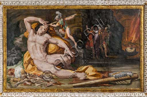 Affreschi di Pellegrino Tibaldi, 1550 -1551.Bologna, Palazzo Poggi, Sala di Polifemo, volta con episodi dell' Odissea: particolare con Ulisse che acceca Polifemo. Affreschi di Pellegrino Tibaldi, 1550 -1551.