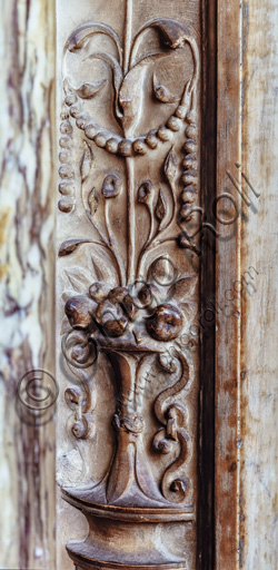 Libreria Piccolomini:  portale con cancellata in bronzo di Antonio di Giacomo Ormanni, detto Toniolo. Particolare di una lesena del portale interno con motivi a grottesche.
