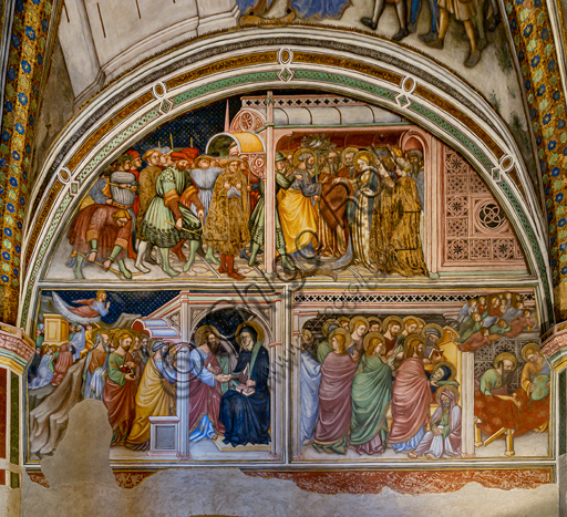 Foligno, Palazzo Trinci, la cappella: affreschi di Ottaviano Nelli, eseguiti nel 1424. Particolare di una parete:  Gli apostoli prendono congedo da Maria e  Transito di  Maria. 