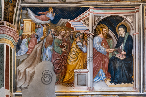 Foligno, Palazzo Trinci, la cappella: affreschi di Ottaviano Nelli, eseguiti nel 1424. Particolare di una parete: Gli apostoli prendono congedo da Maria. 