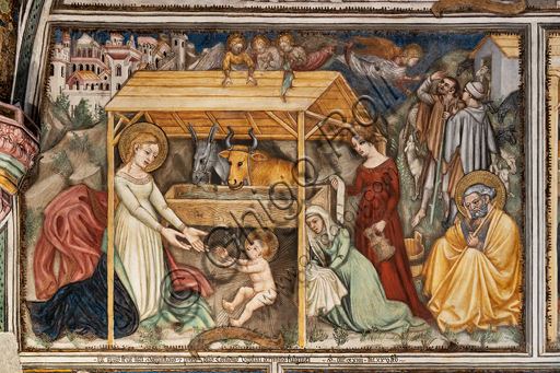 Foligno, Palazzo Trinci, la cappella: affreschi di Ottaviano Nelli, eseguiti nel 1424. Particolare di una parete: Natività. 