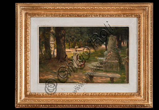 Giovanni Muzzioli, (1854-1894): "A Walk in Villa Borghese"; oil painting on panel, cm. 21,5 × 33,5.