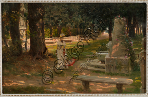 Giovanni Muzzioli, (1854-1894): "A Walk in Villa Borghese"; oil painting on panel, cm. 21,5 × 33,5.