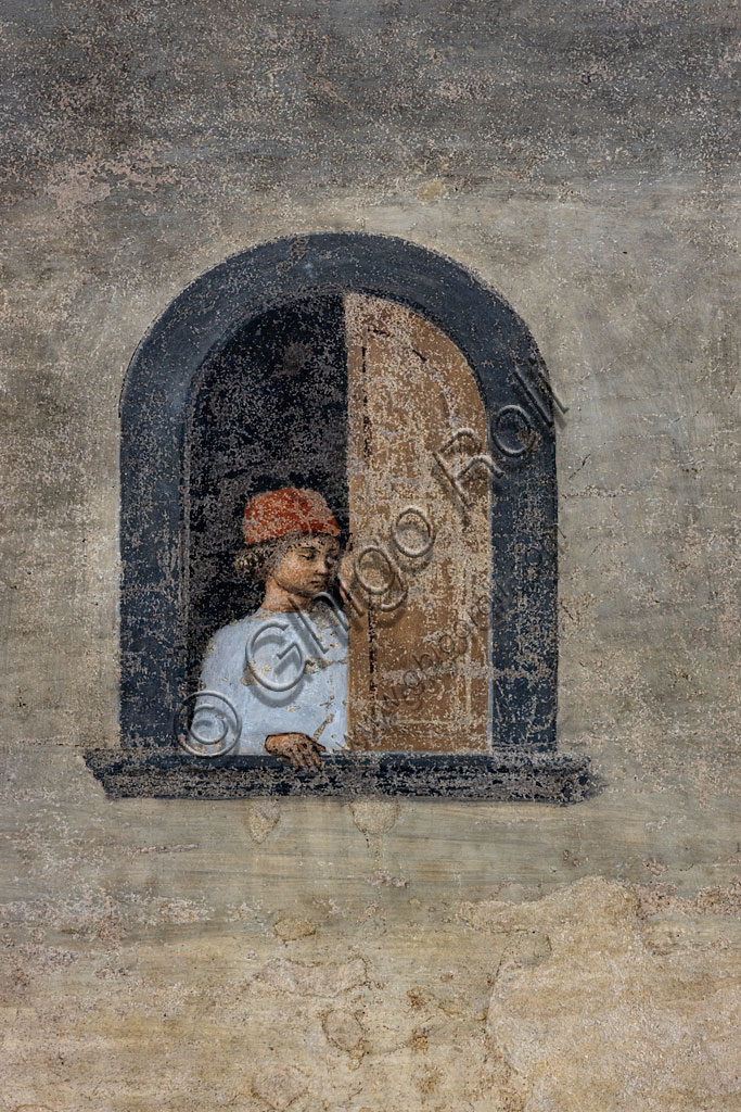 “Miracolo del Sacramento”, affresco di Cosimo Rosselli (1484- 1488): particolare con uomo che si affaccia alla finestra.Firenze, Chiesa di S. Ambrogio, cappella del Miracolo del Sacramento.