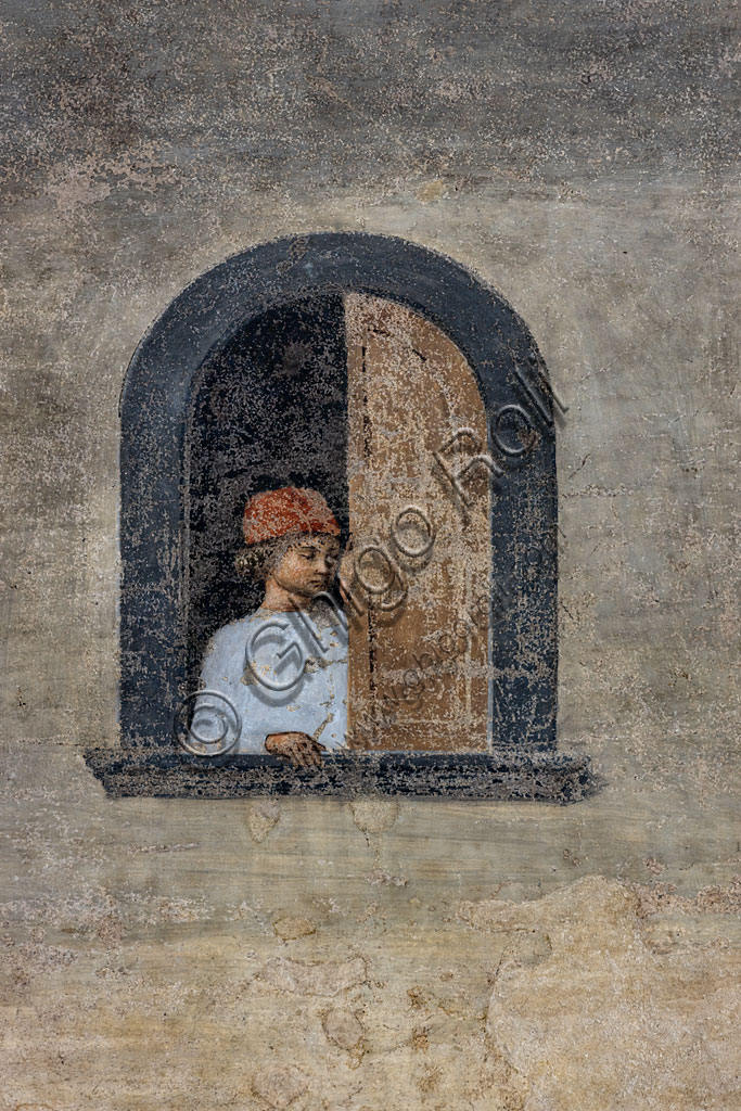 “Miracle of the Sacrament”, fresco by Cosimo Rosselli (1484- 1488): detail of a man looking out of the window.Florence, Church of St. Ambrose, chapel of the Miracle of the Sacrament.