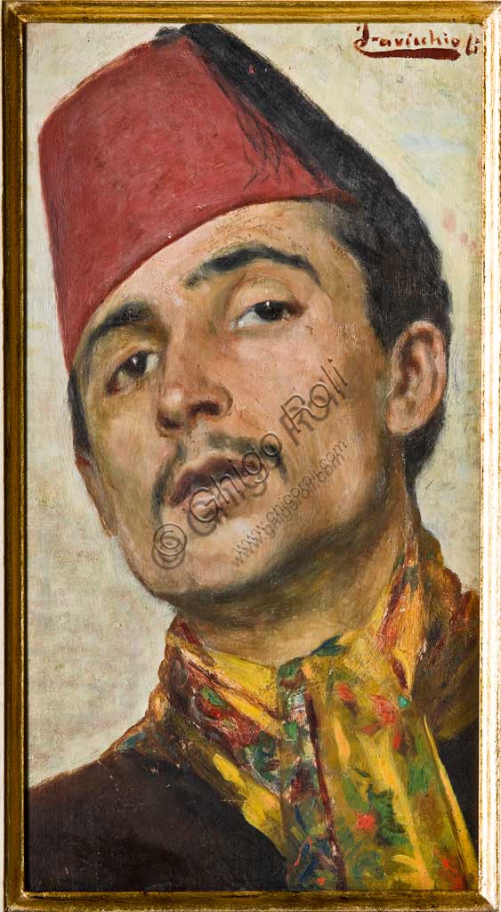 Assicoop - Unipol Collection: Fernando Cavicchioli; "Man wearing a Red "Oil painting, cm 36,8 x 20,1