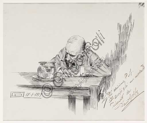 Assicoop - Unipol Collection: Dario Gobbi, "Man Sitting at the Table". Pen and ink on paper.