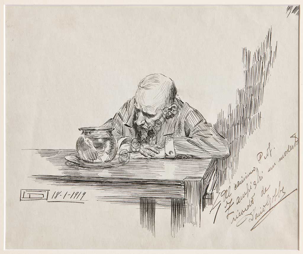 Collezione Assicoop Unipol: Dario Gobbi, "Uomo seduto al tavolo in meditazione"18 gennaio 1919Penna e inchiostro su carta