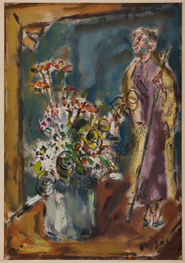 Collezione Assicoop - Unipol: Filippo De PIsis (Ferrara 1896 - 1956), "Vaso di fiori con statuina di santo", olio su tela.