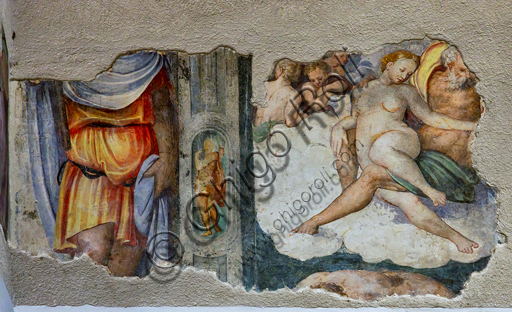 Foligno, Palazzo Trinci: fregio mitologico sul tema di ispirazione neoplatonica dell'amore. Dettaglio di vecchio, probabilmente Giove, che tiene a cavallo sulla sua coscia una giovane donna, forse Dione (iconografia classica dell'atto sessuale), XVI secolo. 