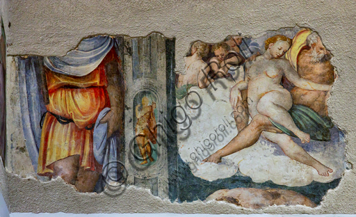  Foligno, Trinci Palace: mythological frieze on the Neoplatonic theme of love. Detail of an old man, probably Jupiter, holding a young woman on his thigh, perhaps Dione (classic iconography of the sexual act), XVI century.