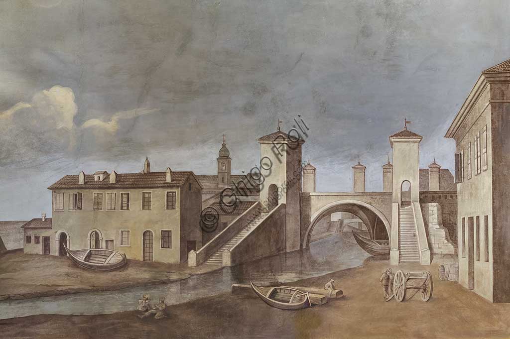 Ferrara, Castello Estense, detto anche Castello di San Michele: "Veduta dei quattro ponti di Comacchio", stampa. 