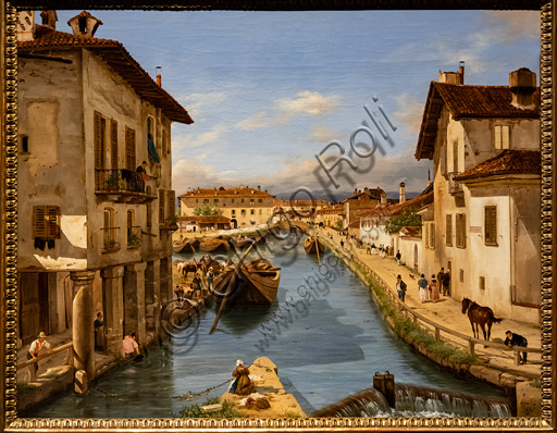Giuseppe Canella: "Veduta del canale Naviglio dal ponte di S. Marco", olio su tela, 1850 circa.