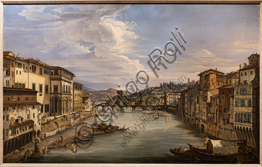 Giovanni Signorini: "View of the Arno from Ponte Vecchio toward the Alle Grazie Bridge",  1844, oil painting on canvas.