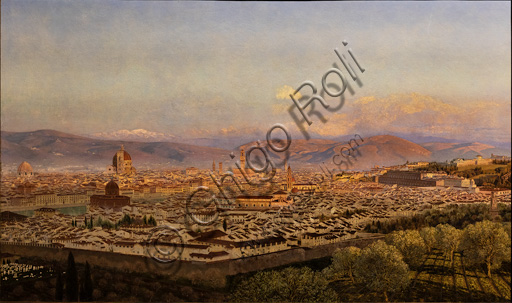  "View of Florence from Bellosguardo",  (1863)  by John Brett (1831 - 1902);  oil painting on canvas. In the background Fiesole e the Appennines.