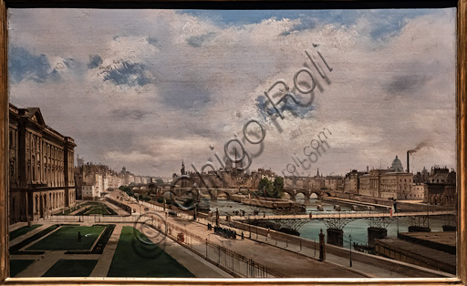 Ippolito Caffi: "Veduta di Parigi dal Palazzo del Louvre", olio su cartoncino intelato, 1855.