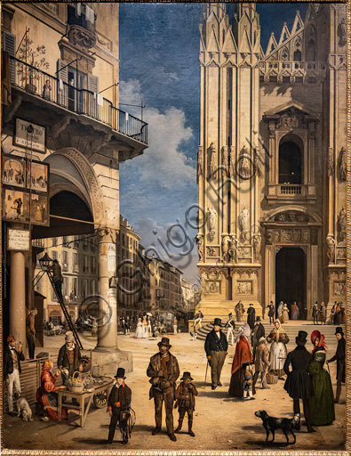 Angelo Inganni: "Veduta di piazza Duomo con il Coperto dei Figini", olio su tela, 1838.