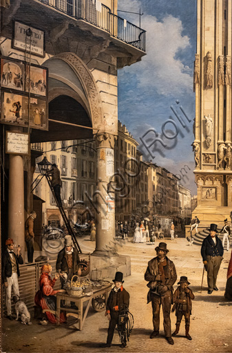 Angelo Inganni: "Veduta di piazza Duomo con il Coperto dei Figini", olio su tela, 1838. Particolare.