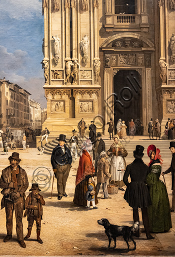 Angelo Inganni: "Veduta di piazza Duomo con il Coperto dei Figini", olio su tela, 1838. Particolare.
