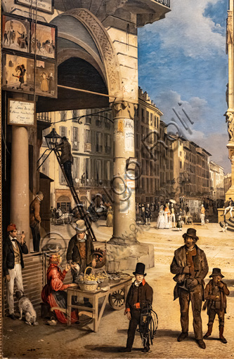 Angelo Inganni: "Veduta di piazza Duomo con il Coperto dei Figini", olio su tela, 1838. Particolare.