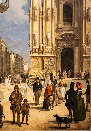 Angelo Inganni: "Veduta di piazza Duomo con il Coperto dei Figini", olio su tela, 1838. Particolare.