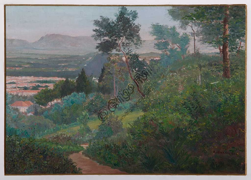 Collezione Assicoop - Unipol: Augusto Baracchi (1878-1942): "Veduta di Vignola", olio su compensato, cm. 37,5 x 54,5.